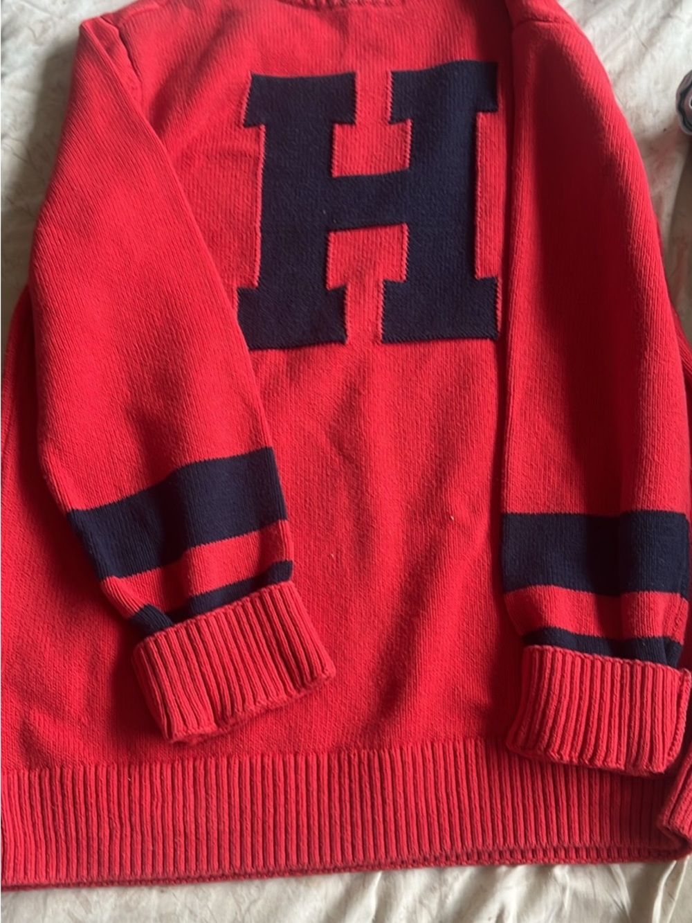 Tommy Hilfiger Red Crewneck Sweater with Navy 'H' and Stripe Accents